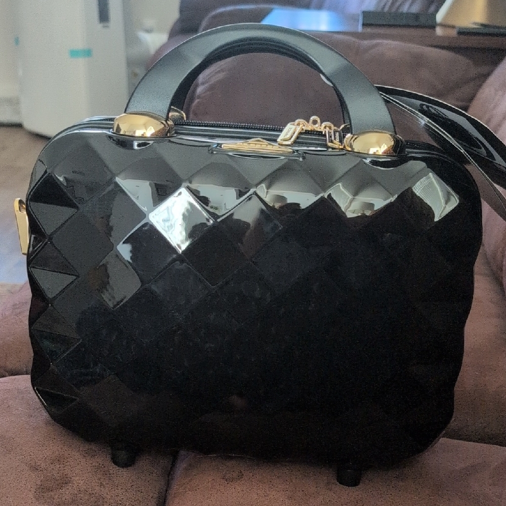 Chic Black Quilted Travel Bag with Gold Accents Triforce NWT